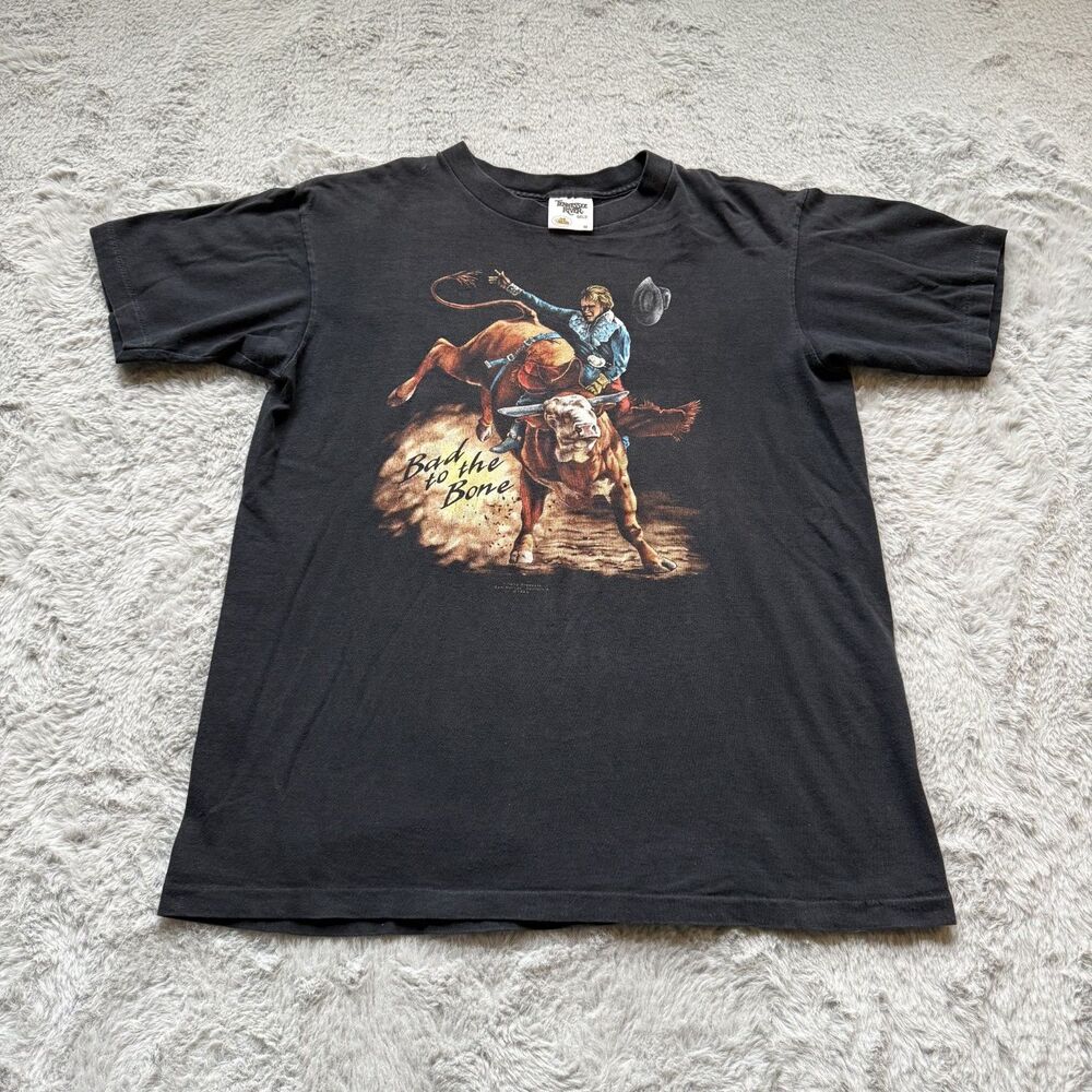 VINTAGE 1988 TRINITY PRODUCTS "BAD TO THE BONE" RODEO T-SHIRT BLACK SZ MEDIUM